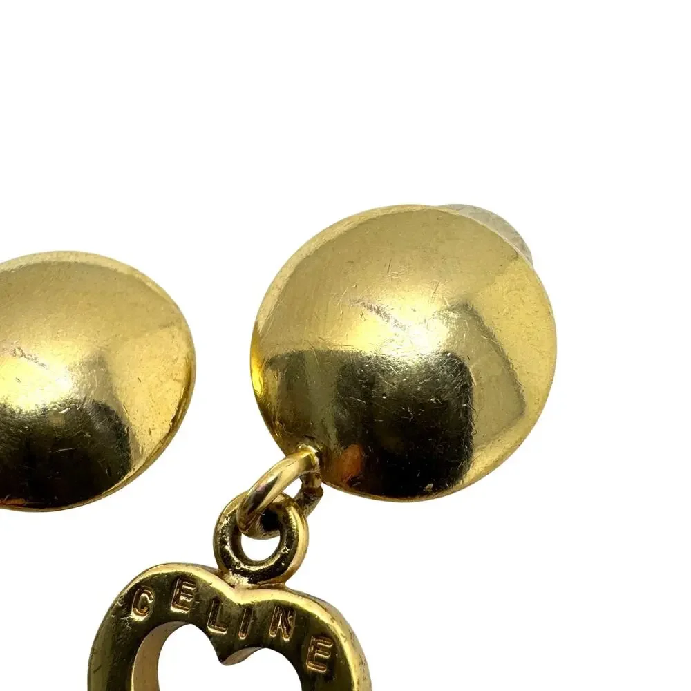 Celine Vintage Paris Heart Logo Clip-On Earrings 80’s Gold Tone Made in France